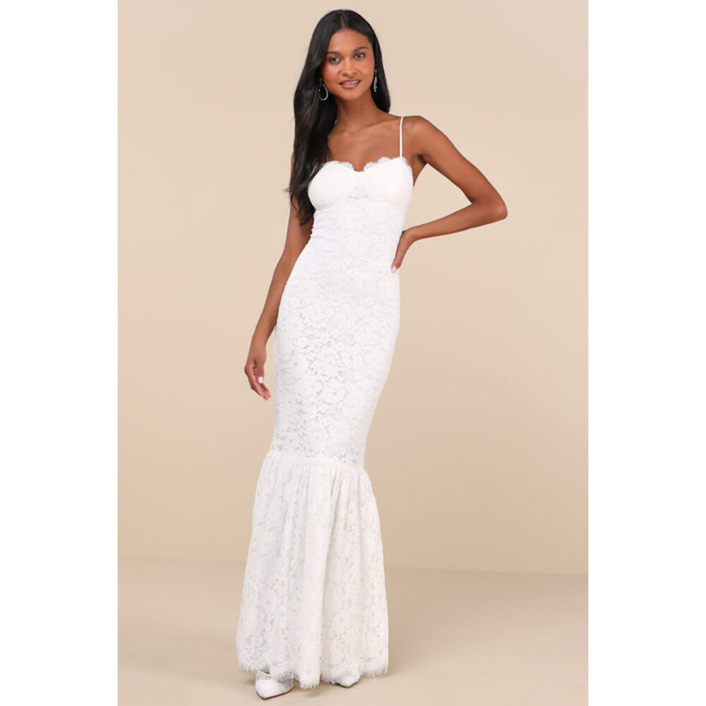 Lulus Instinctively Stunning White Lace Bustier Trumpet Maxi Dress - Size S